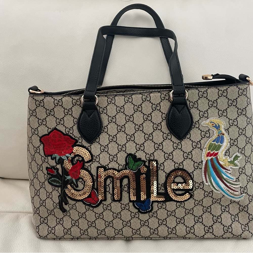 Beige and Black Embroidered Tote bag